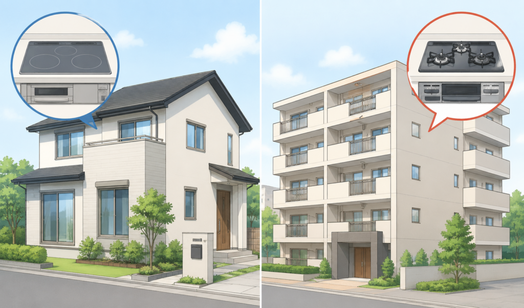 戸建て住宅と集合住宅を左右に並べて比較したイメージイラスト