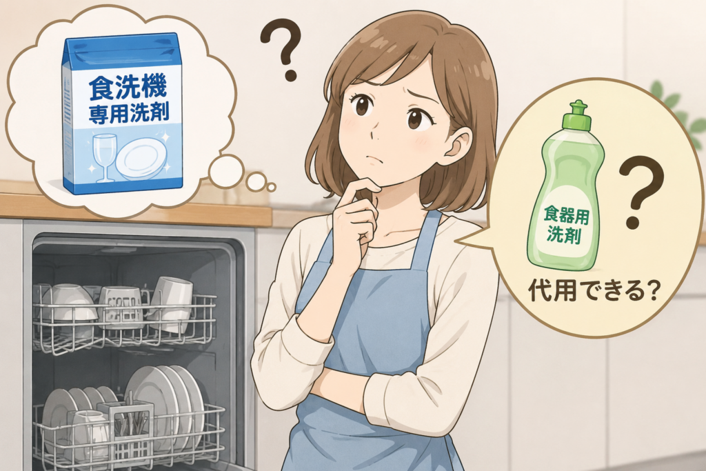 食洗機の専用洗剤が切れ、普通の食器用洗剤で代用できないか考えている女性のイラスト