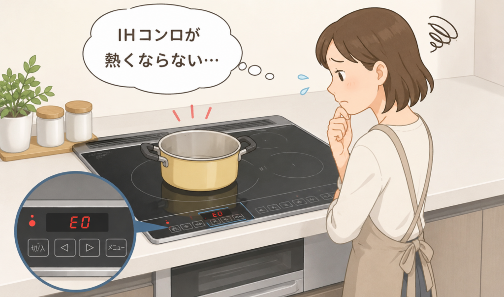IHコンロに鍋を置いても熱くならず、困っている女性のイメージイラスト