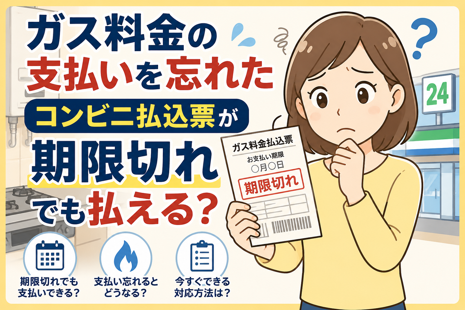 ガス料金の支払いを忘れ、期限切れのコンビニ払込票を手に支払いできるか悩んでいる女性のイラスト