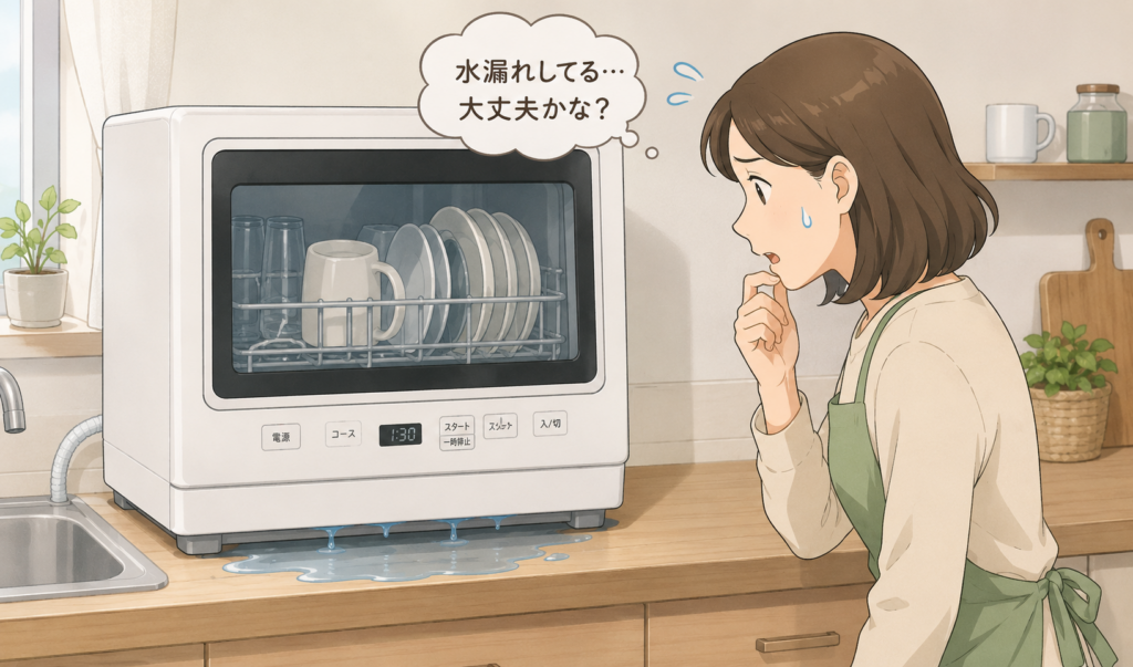 キッチンに置かれた卓上型食洗機から少量の水が漏れ、心配そうに確認している女性のイラスト
