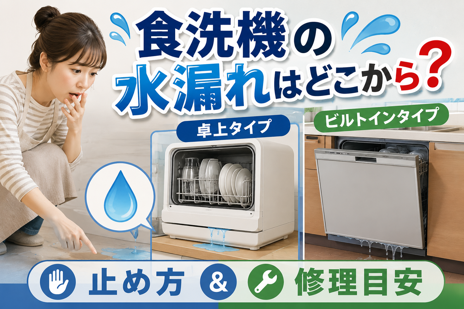 卓上型とビルトイン型の食洗機から水漏れし、床にたまった水を見て心配する女性のイメージ