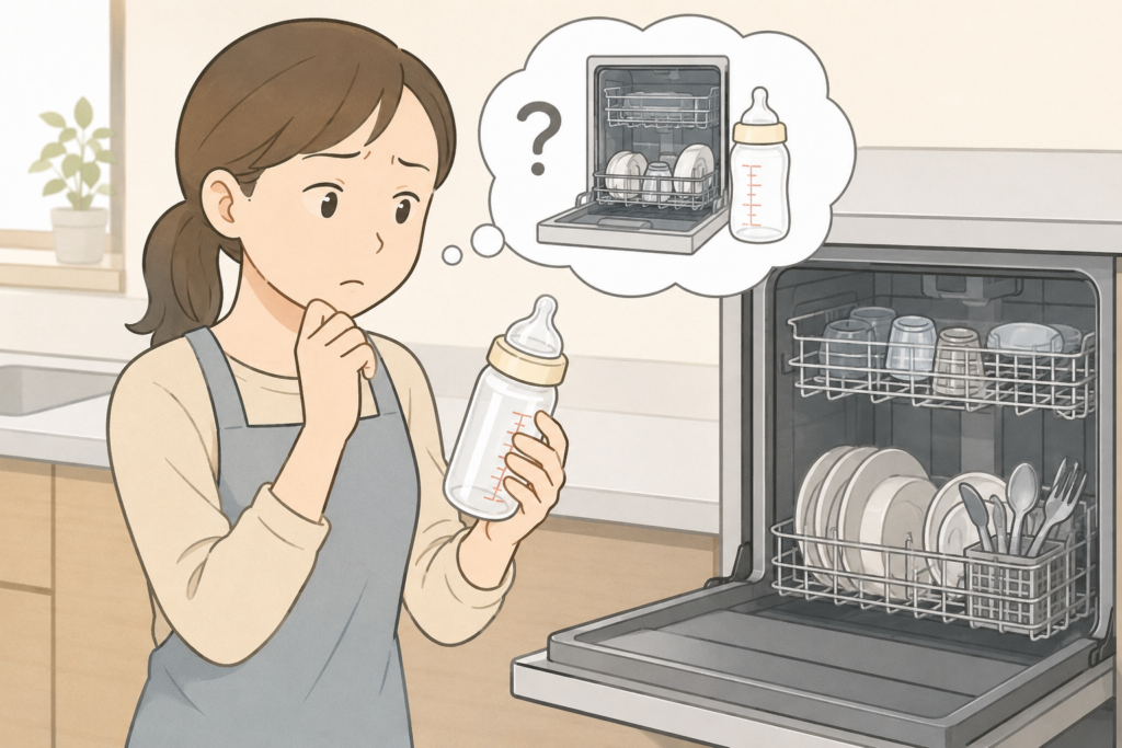 哺乳瓶を食洗機で洗ってもよいか悩んでいる女性のイメージイラスト