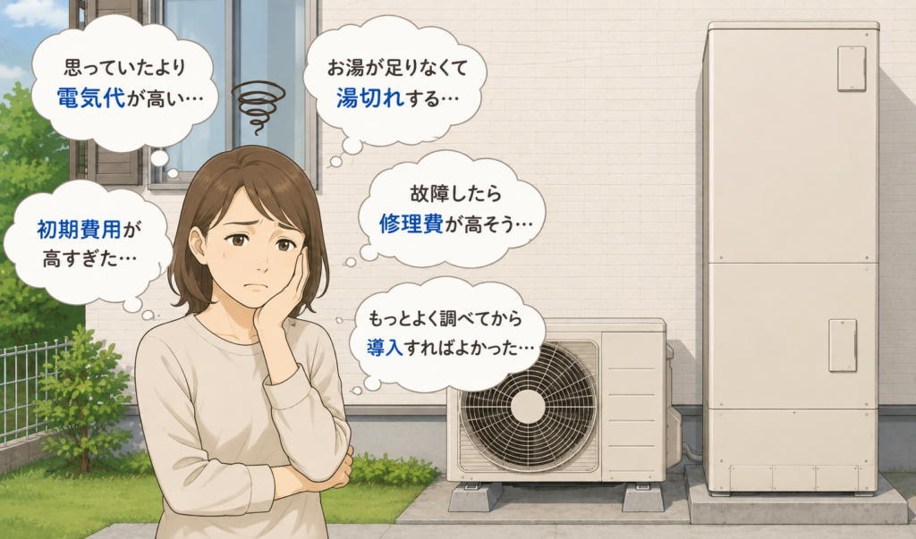 エコキュートを導入したものの、電気代や初期費用、湯切れ、修理費などを心配して後悔している女性のイラスト