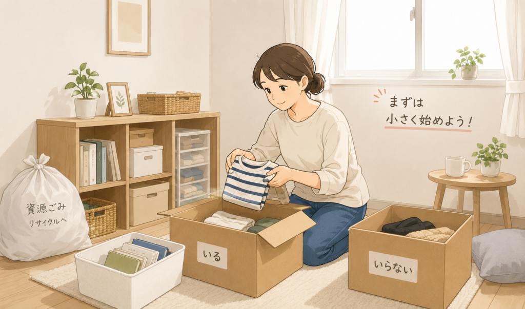 小さな範囲から少しずつ片付けを始めている女性のイラスト