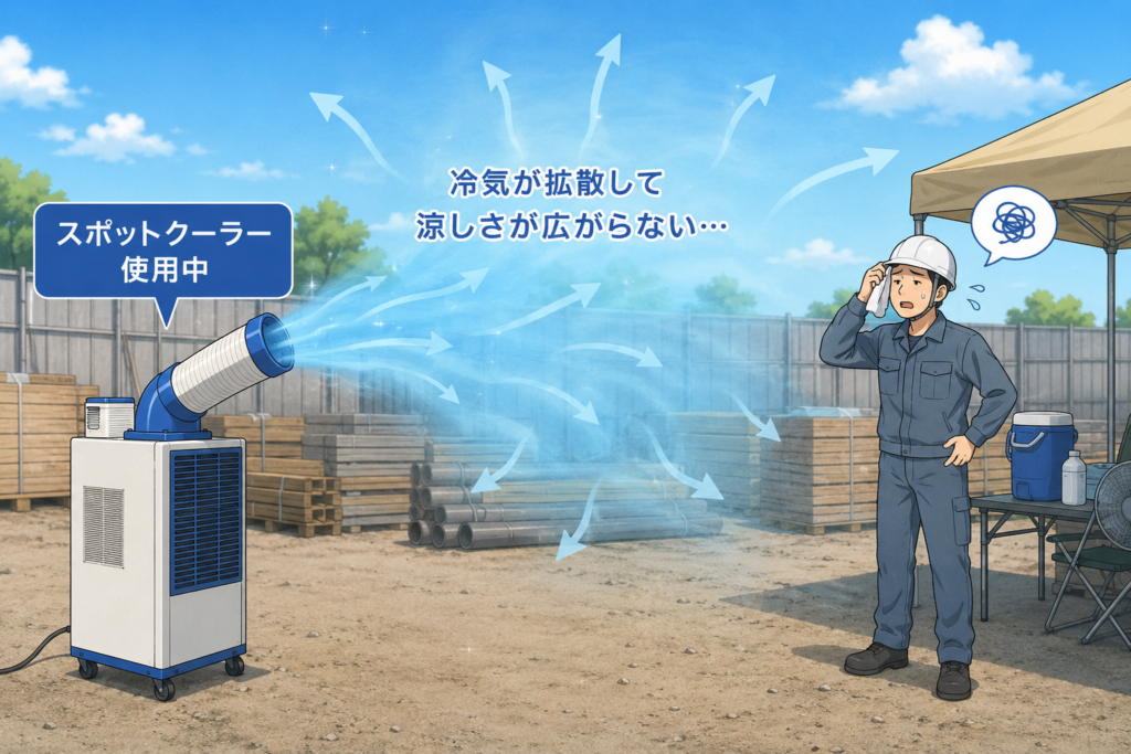 屋外でスポットクーラーを使用しているものの、冷気が周囲に拡散してしまい暑そうにしている作業員のイラスト