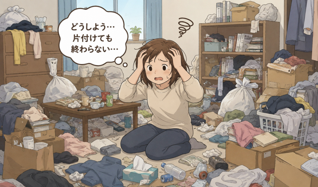 物やゴミが散乱した汚部屋の中で、片付けが終わらず頭を抱えて困っている女性のイラスト