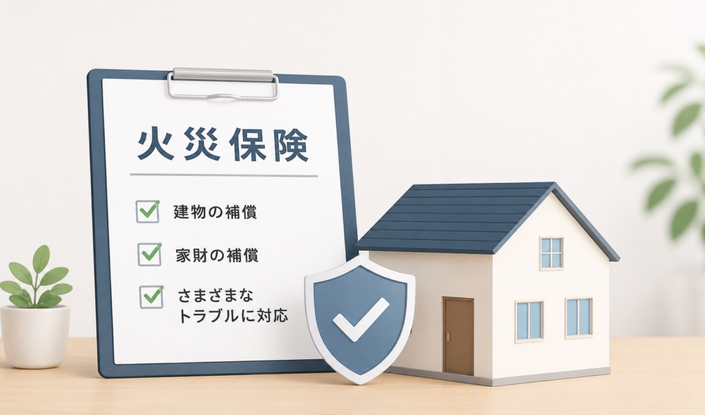 火災保険の補償内容を示すボードと住宅、安心を表す盾を描いたイメージイラスト