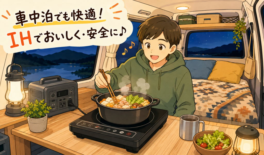 車中泊中の車内でポータブル電源につないだIHコンロを使い、快適に料理を楽しんでいる人物のイラスト