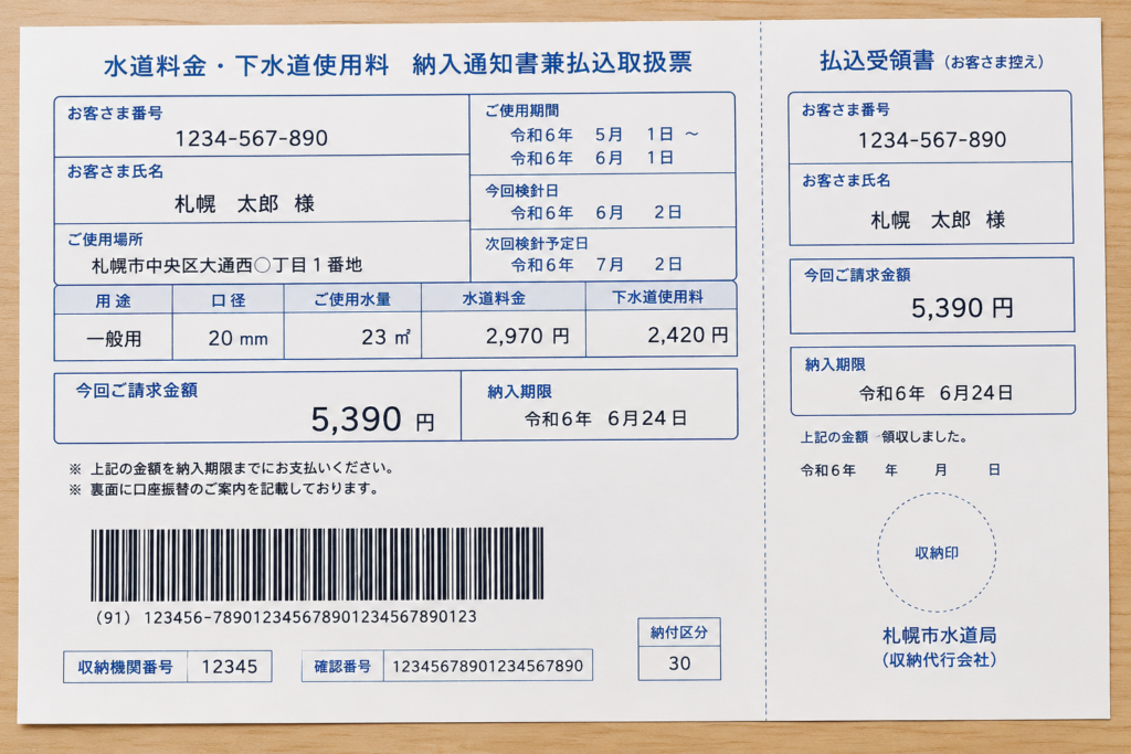 水道料金・下水道使用料の払込用紙を机の上に置いたイメージ