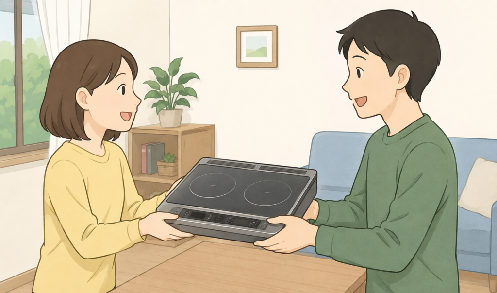 IHコンロを両手で持ちながら人から人へ譲っている様子のイラスト