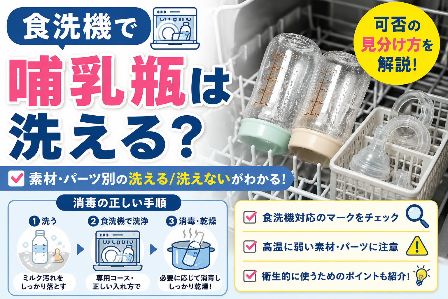 食洗機で哺乳瓶を洗えるかの見分け方と、洗浄・消毒の正しい手順を解説したイメージ画像