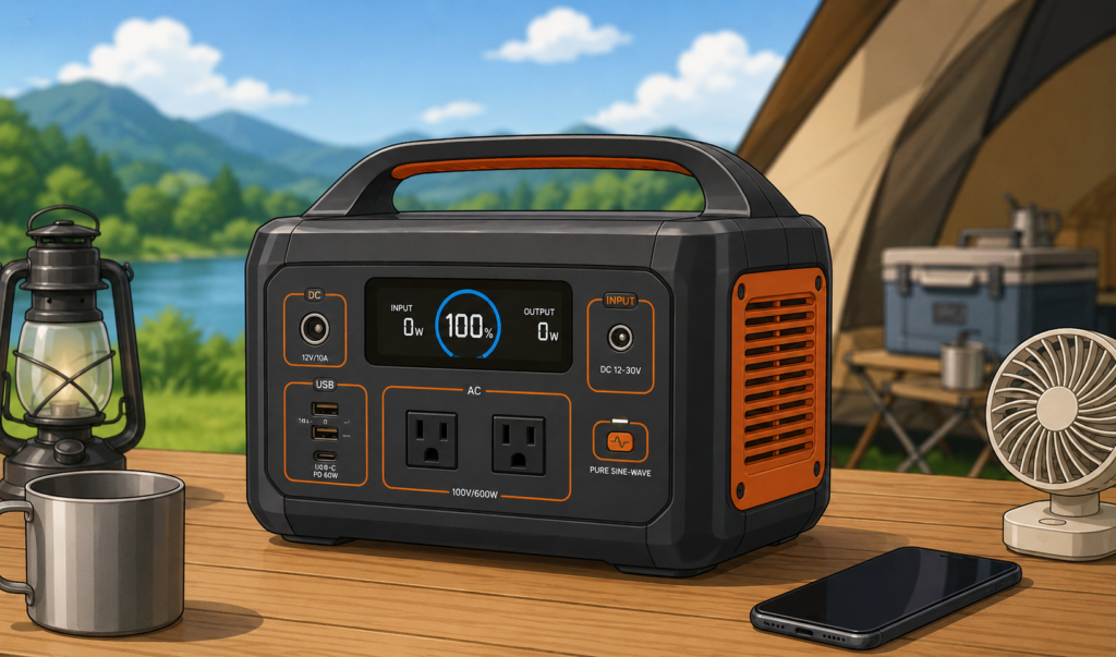 キャンプ場のテーブルに置かれたポータブル電源のイメージイラスト