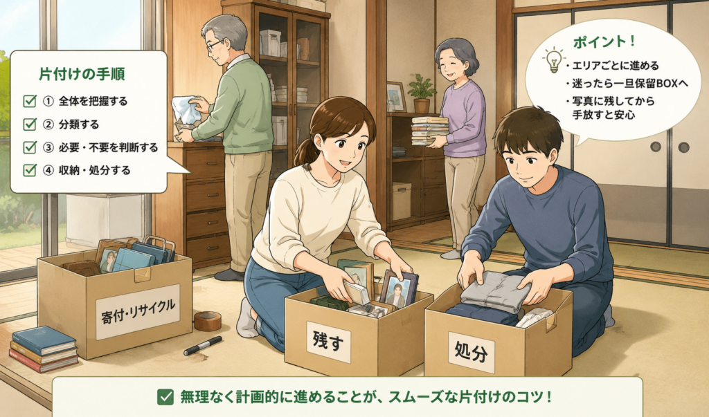 実家で家族が協力し、荷物を分類しながら要領よく片付けを進めている様子のイラスト