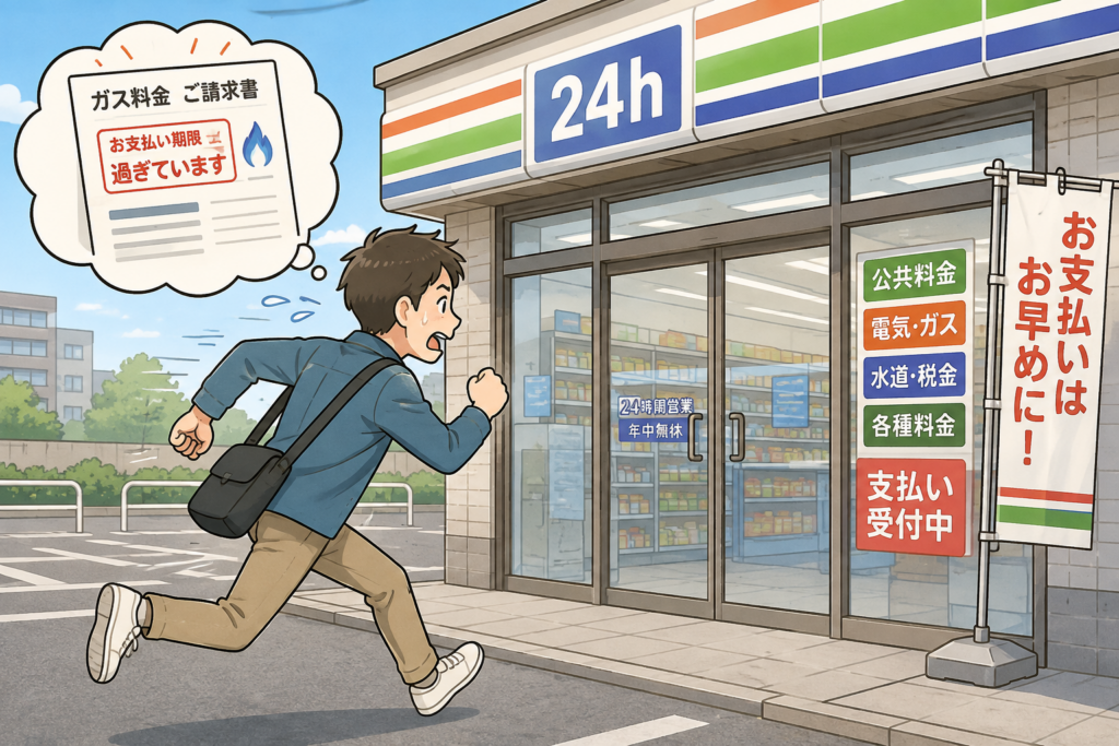 ガス料金の支払いを忘れ、期限切れの請求書を思い出してコンビニへ慌てて駆け込む男性のイラスト