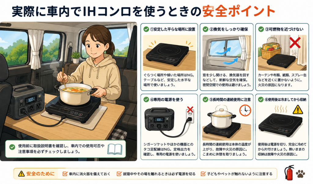 車内の安定したテーブルにIHコンロとポータブル電源を設置し、安全ポイントを確認しながら調理している様子のイラスト