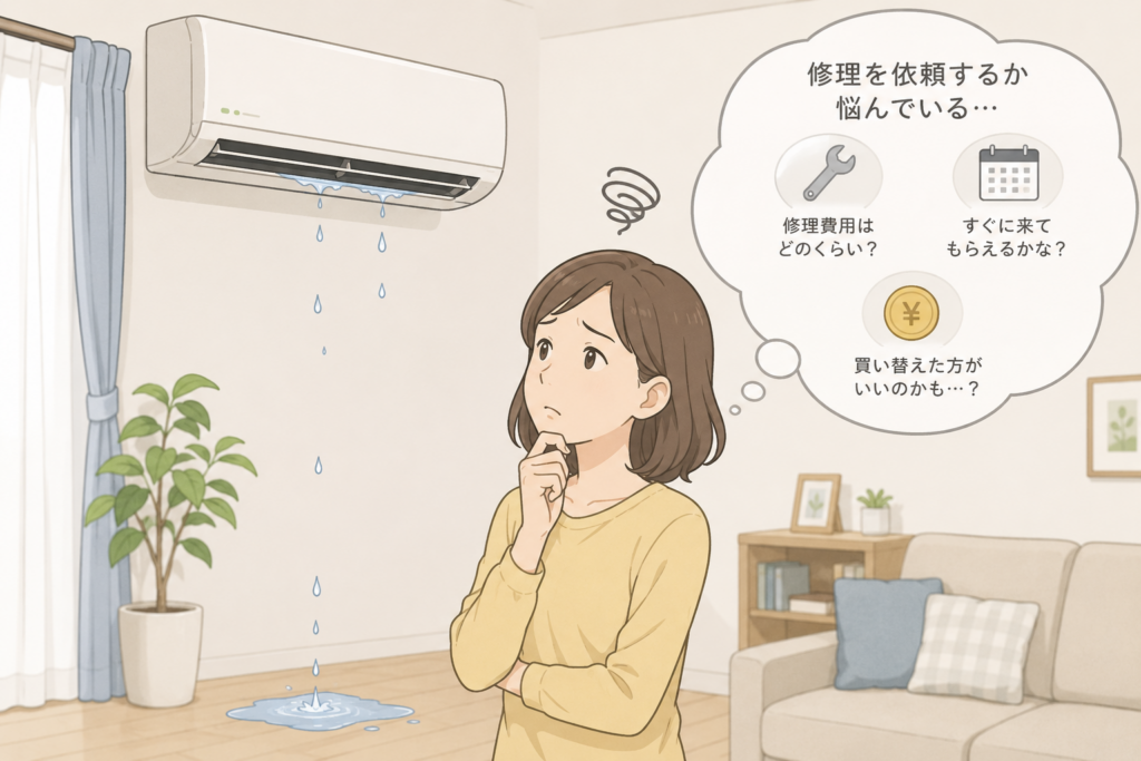 水漏れしているエアコンを見ながら、修理を依頼するか悩んでいる女性のイメージイラスト