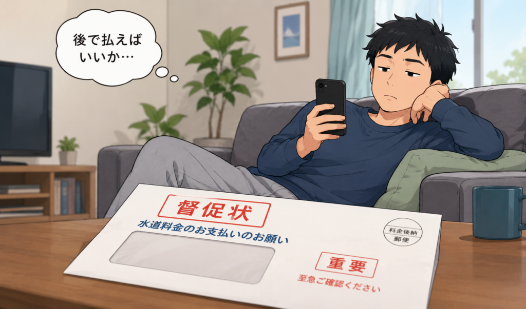 水道料金の督促状をテーブルに置いたまま、スマートフォンを見ながら支払いを後回しにしている人物のイラスト
