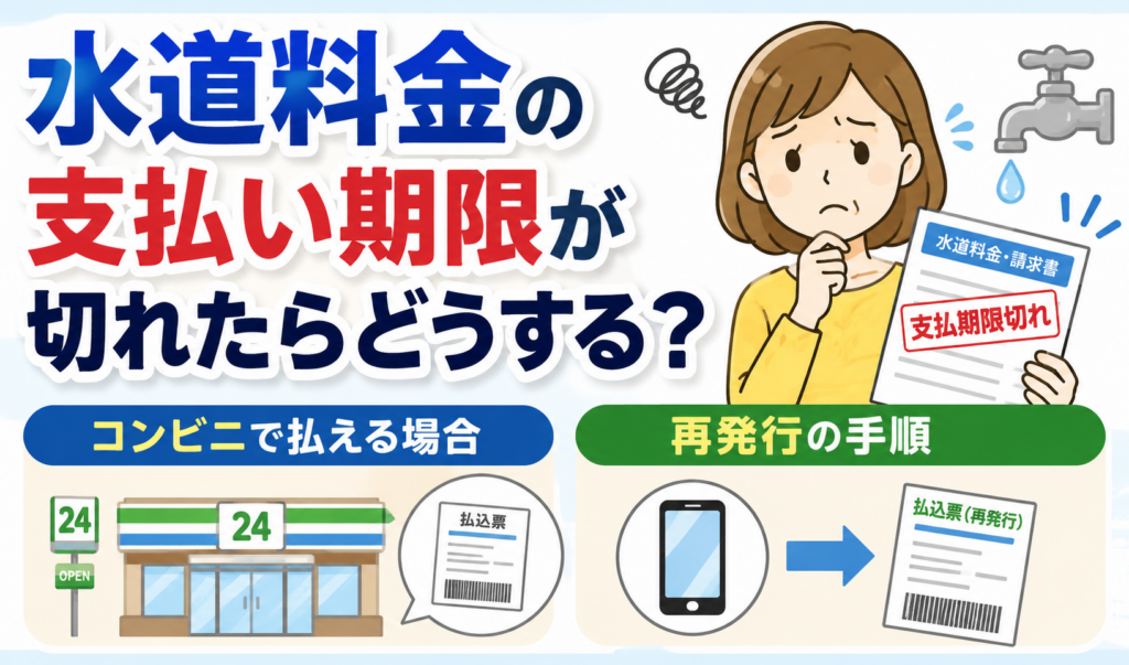水道料金の支払い期限が切れた請求書を手に、コンビニでの支払いと払込票の再発行方法を確認する女性のイラスト