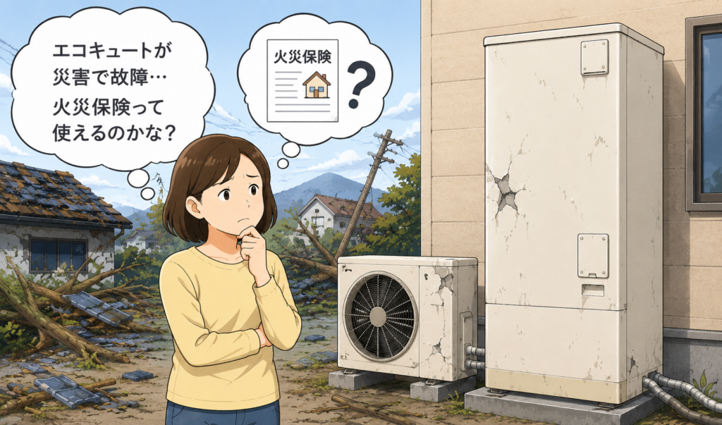 災害で故障したエコキュートを前に、火災保険が使えるか悩んでいる女性のイラスト