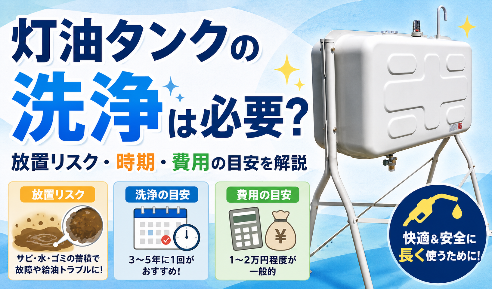 灯油タンクの洗浄の必要性と、放置リスク・洗浄時期・費用の目安を解説したイラスト