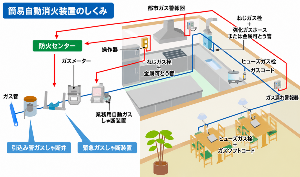 業務用厨房や飲食スペースに設置されたガス配管・ガス遮断装置・ガス漏れ警報器などの接続関係を示した簡易自動消火装置の仕組みのイラスト