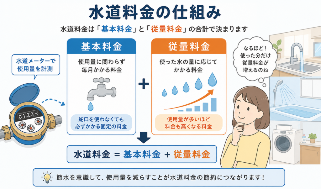 水道料金が基本料金と使用量に応じた従量料金の合計で決まる仕組みを示したイメージイラスト