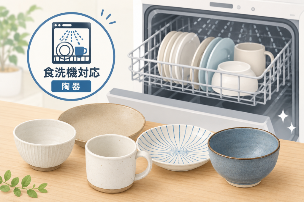 食洗機対応の陶器の食器と、食洗機に並べて洗浄している様子のイメージイラスト