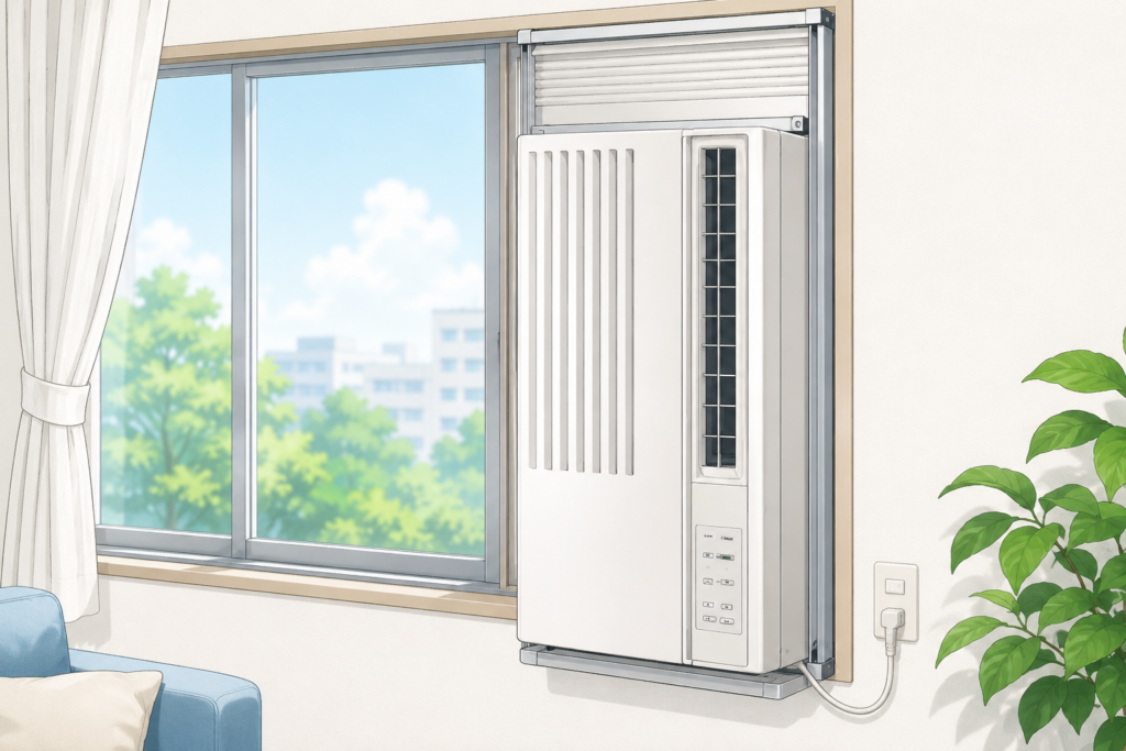 窓に設置されたウインドエアコンがある明るい室内のイメージイラスト