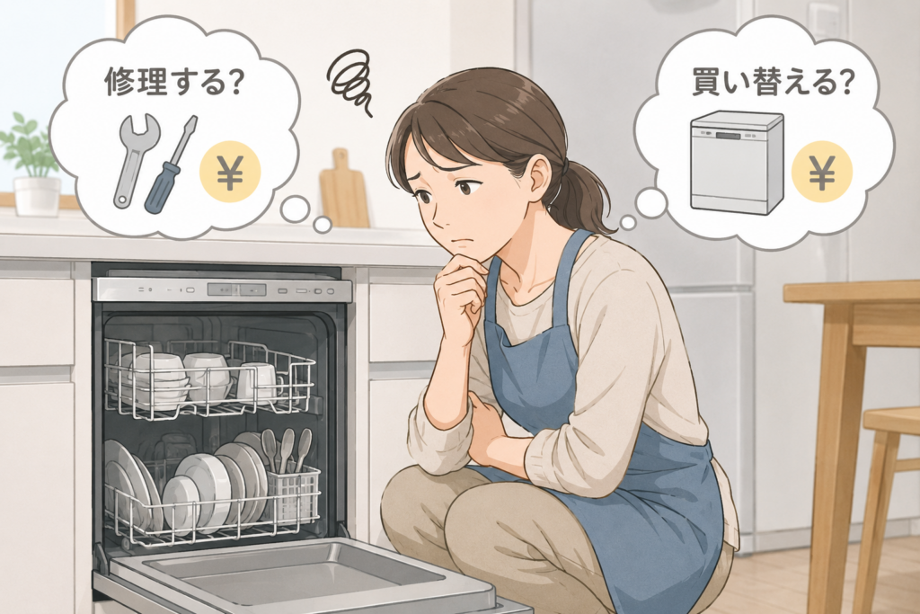 故障した食洗機を前に、修理するか買い替えるか悩んでいる人のイラスト