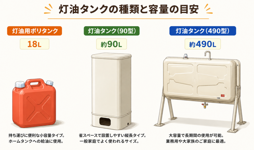 灯油用ポリタンクと縦長の90L灯油タンク、脚付きの490L灯油タンクを並べて比較したイメージイラスト
