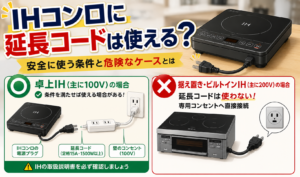 卓上IHの電源プラグを延長コードに接続する場合と、据え置き・ビルトインIHでは延長コードを使わないことを示したイラスト