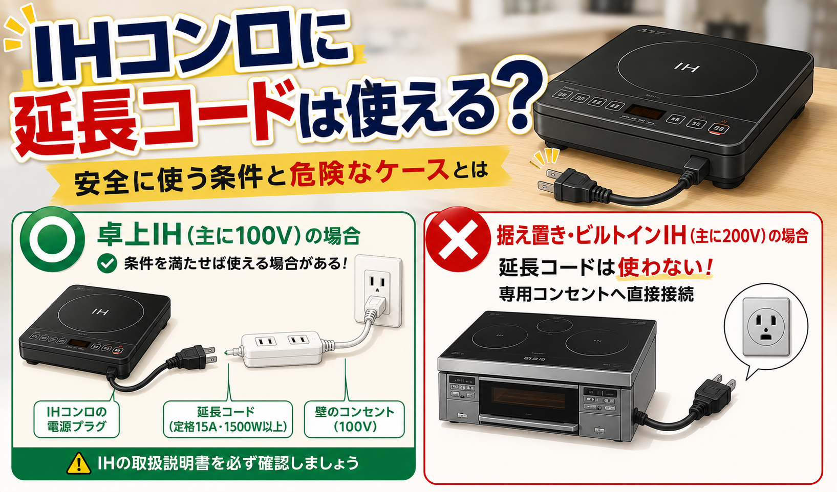 卓上IHの電源プラグを延長コードに接続する場合と、据え置き・ビルトインIHでは延長コードを使わないことを示したイラスト