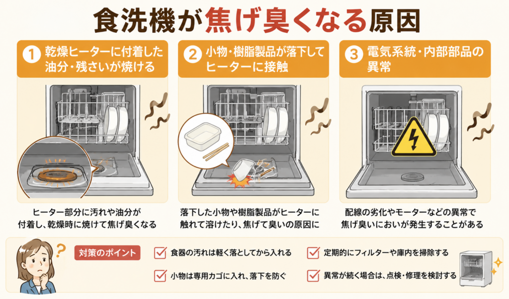 食洗機が焦げ臭くなる原因として、乾燥ヒーターの汚れ、小物や樹脂製品の接触、電気系統や内部部品の異常を示したイメージ画像