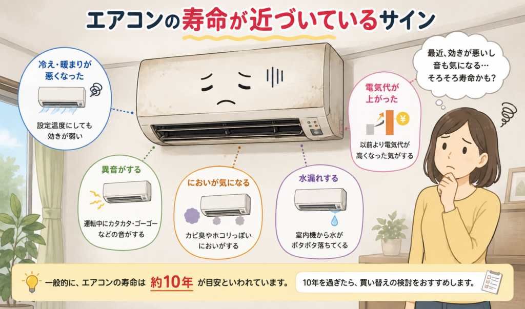 冷暖房の効きの低下や異音、水漏れなど、エアコンの寿命が近づいているサインを心配そうに確認する女性のイラスト