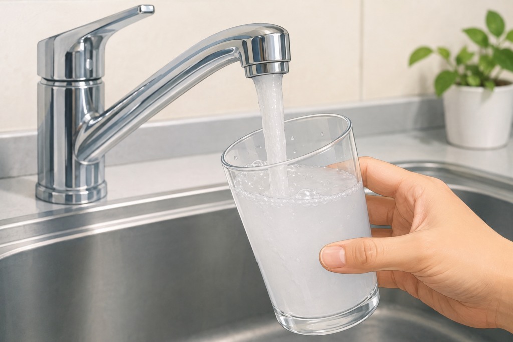 水道の蛇口から白く濁った水が出て、コップに注がれている様子のイメージイラスト