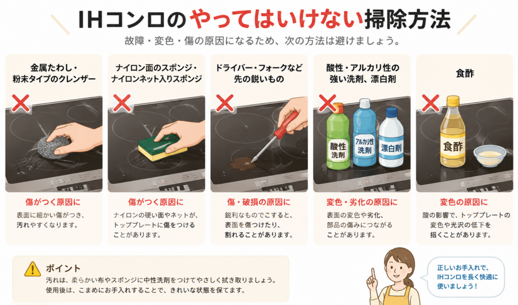 IHコンロで避けるべき掃除方法として金属たわしや強い洗剤、鋭利な道具などを紹介したイラスト