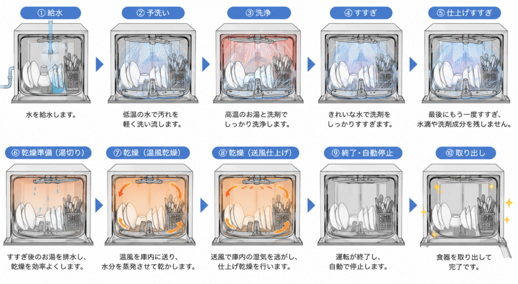 食洗機が給水し、予洗い・洗浄・すすぎ・乾燥を経て運転を終了するまでの工程を順番に示したイラスト