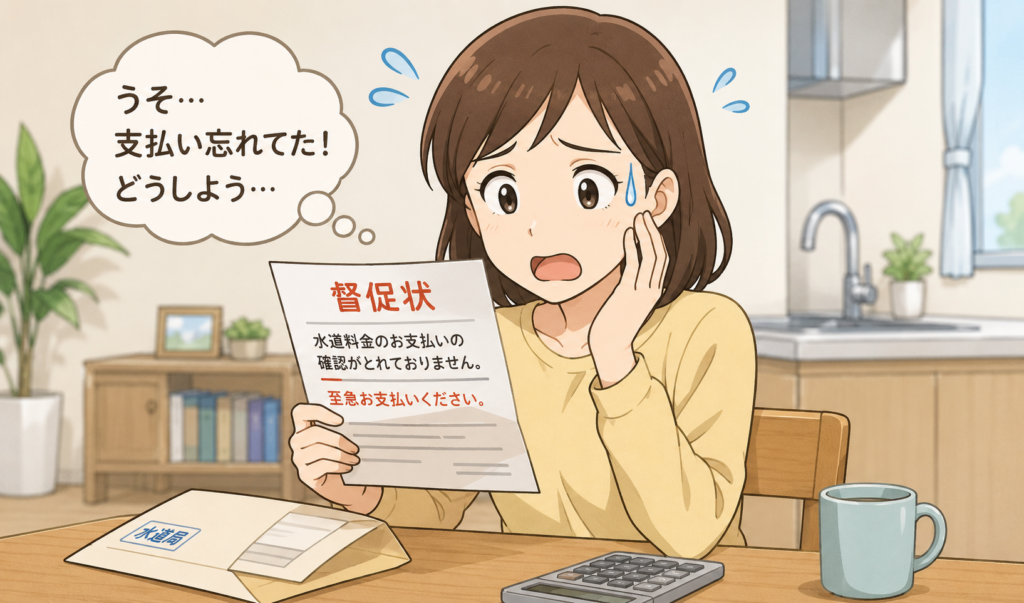 水道料金の督促状を手にして、支払い忘れに気づき焦っている女性のイラスト