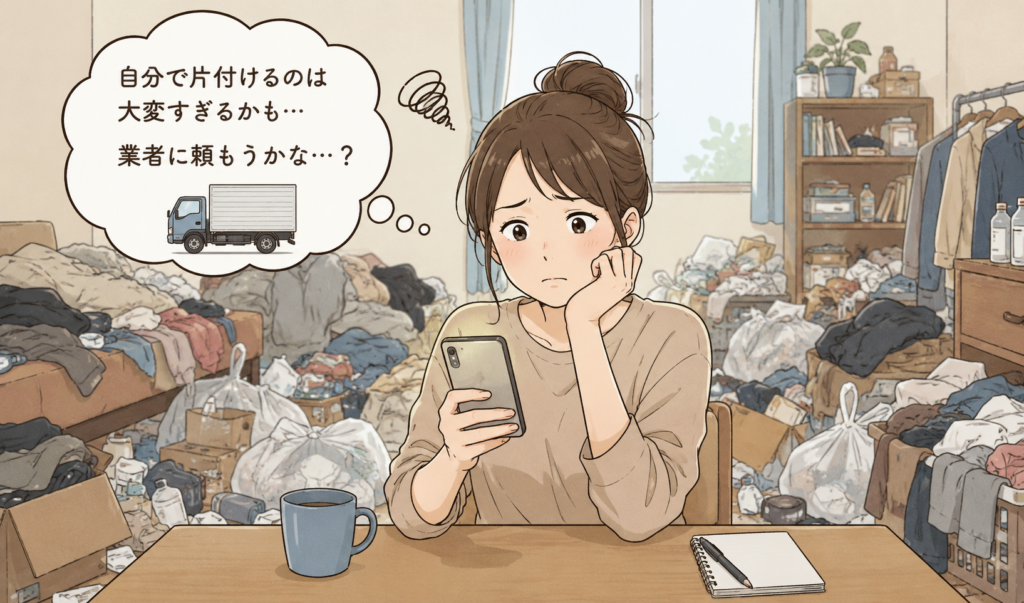 散らかった汚部屋でスマートフォンを見ながら、片付け業者に依頼しようか悩んでいる女性のイラスト
