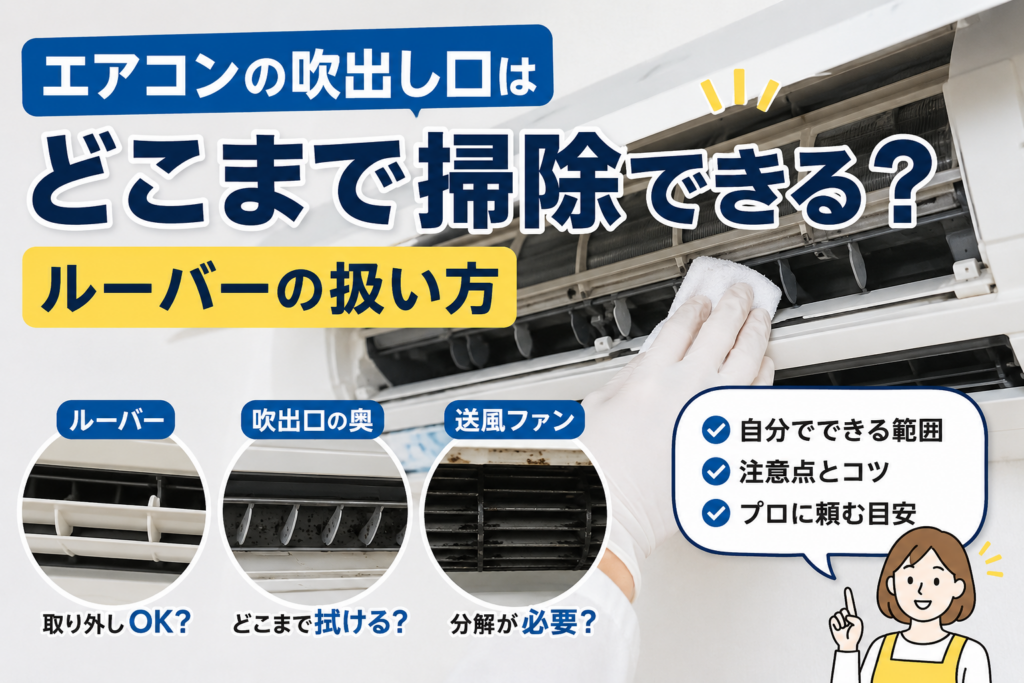 エアコンの吹き出し口やルーバーを掃除している様子と、自分で掃除できる範囲を示したイメージ画像