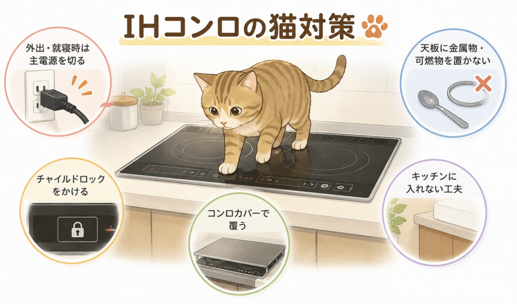 IHコンロに乗る猫と、主電源・チャイルドロック・コンロカバーなどの猫対策を示したイメージイラスト