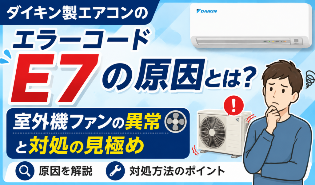 ダイキン製エアコンのエラーコードE7と室外機ファンの異常・対処の見極めを解説するサムネイル画像