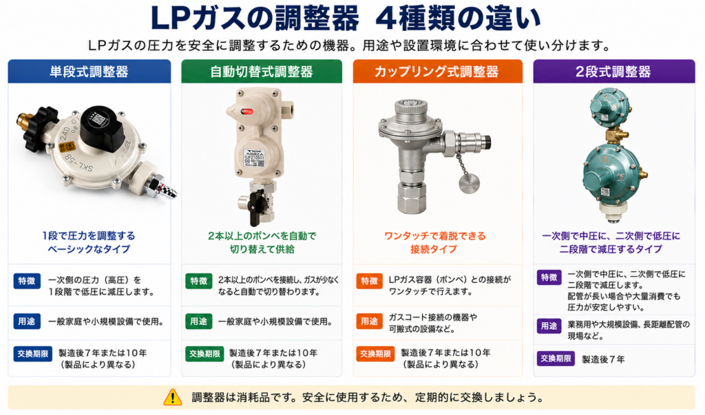 単段式・自動切替式・カップリング式・2段式の4種類のLPガス調整器について、特徴・用途・交換期限を比較した図