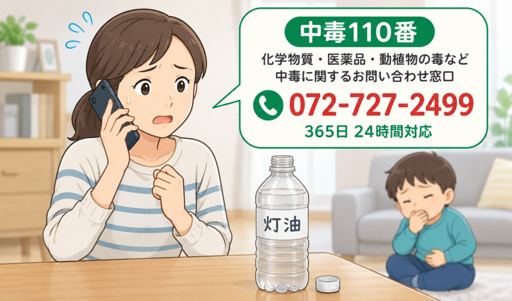 ペットボトルに入った灯油を子どもが誤飲し、中毒110番へ電話で相談している様子のイラスト