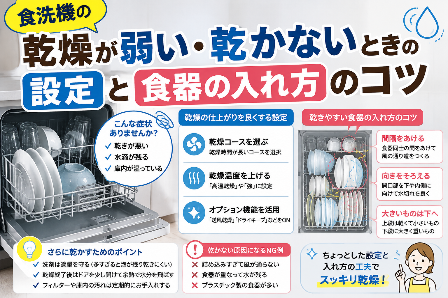 食洗機の乾燥が弱い・乾かないときの設定と食器の入れ方のコツを解説したイメージ画像