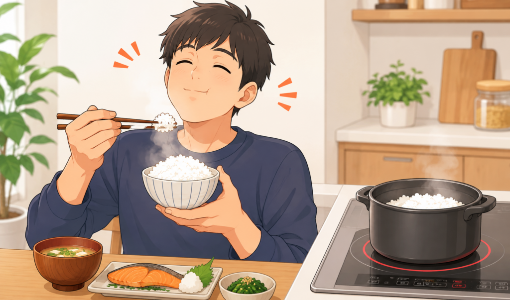 IHコンロで鍋炊きした温かいご飯を、茶碗に盛っておいしそうに食べている男性のイラスト