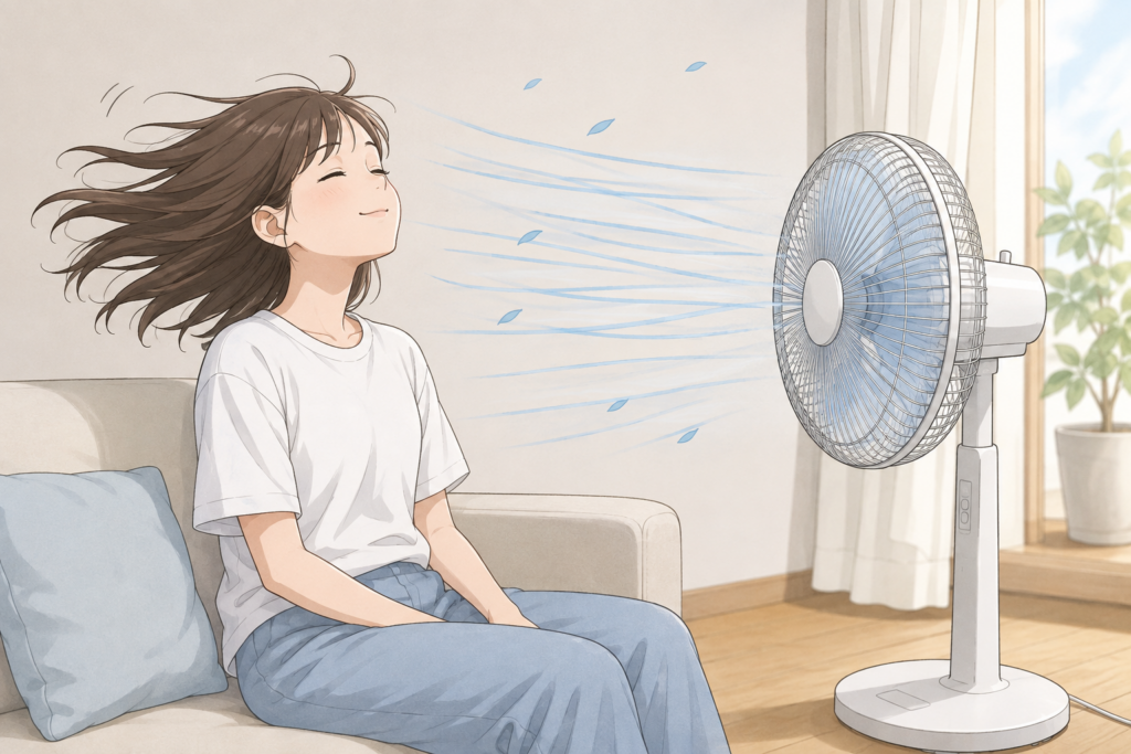 扇風機の風を長時間直接体に当て続けている女性のイメージイラスト