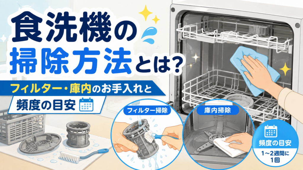 食洗機のフィルター掃除と庫内のお手入れ方法、掃除頻度の目安を紹介するイラスト