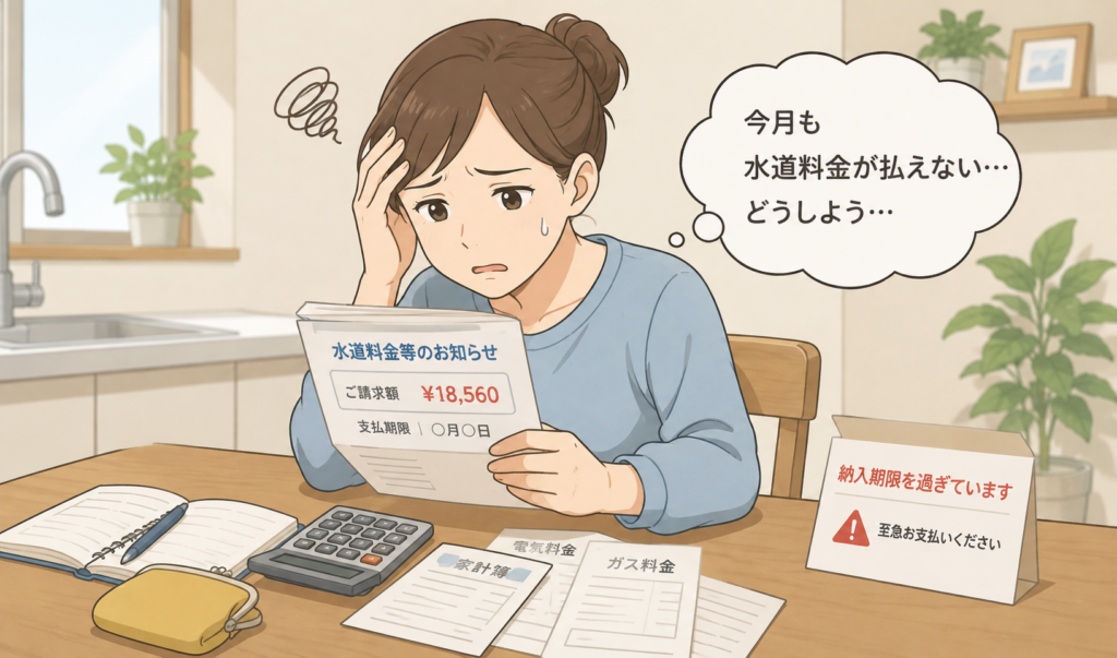 水道料金を払えず、請求書を手に困った表情を浮かべている女性のイラスト